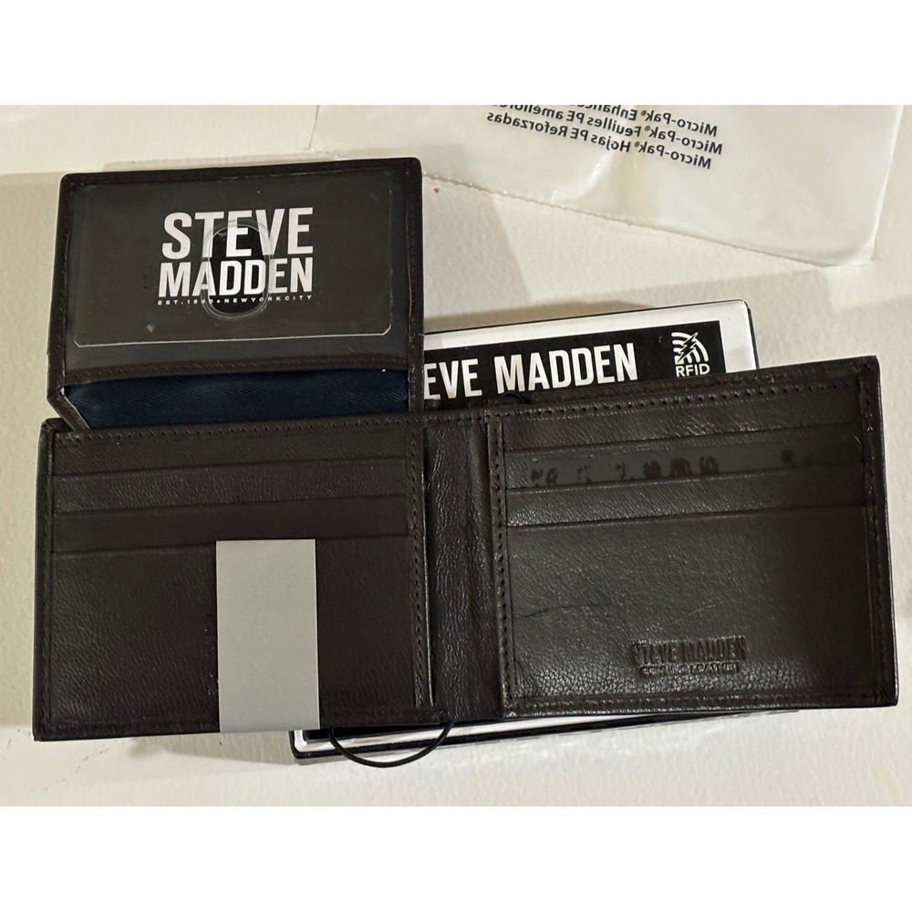 Steve Madden Mens Brown Genuine Leather RFID Blocking Passcase Bifold Wallet